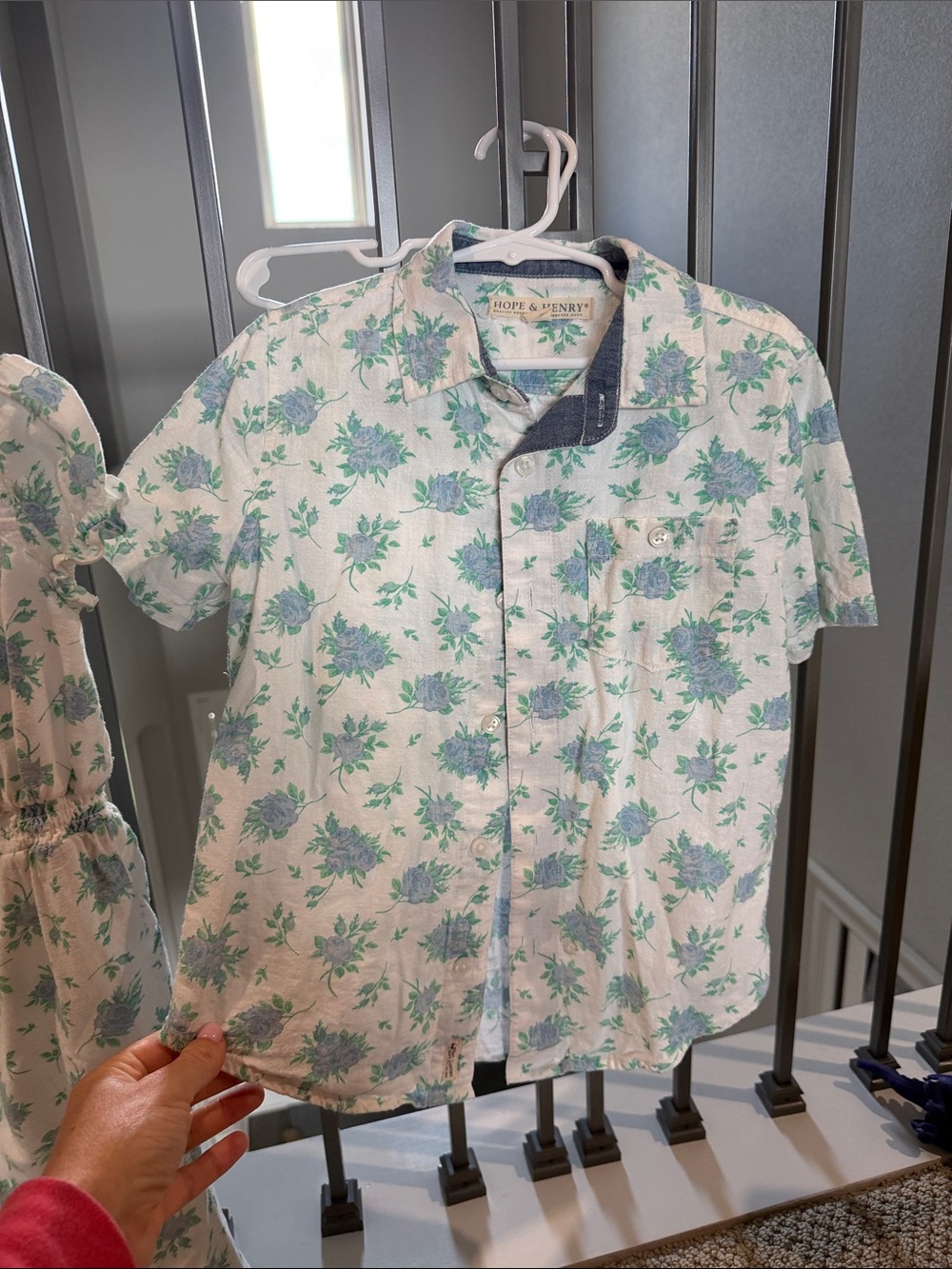 Hope & Henry Boys' White Button-Down Shirt with Blue Floral Print
